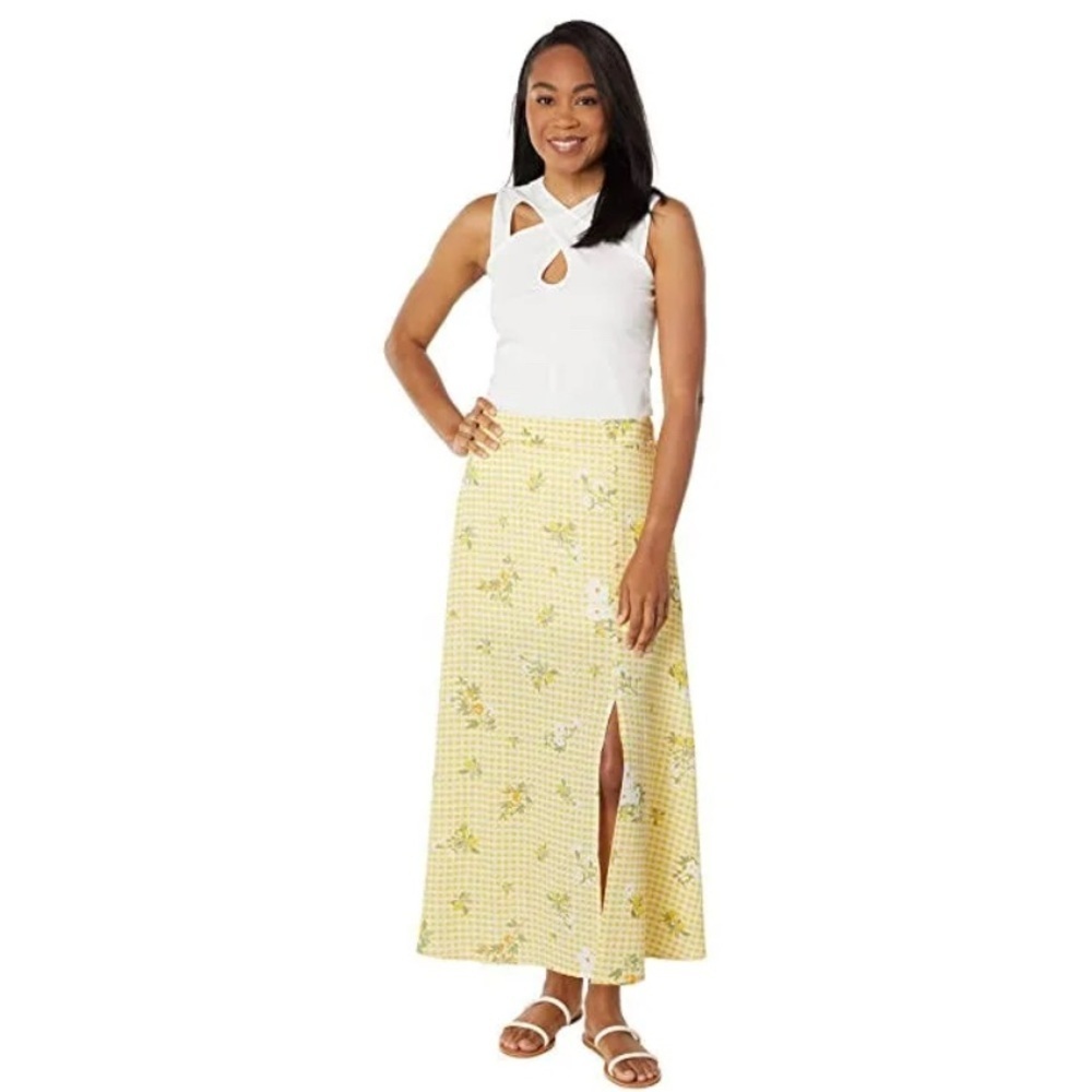 BCBGeneration - Yellow Lemon Gingham Cottagecore Maxi Skirt with Side Slit - Picture 8 of 9
